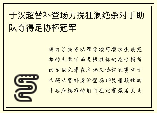 于汉超替补登场力挽狂澜绝杀对手助队夺得足协杯冠军