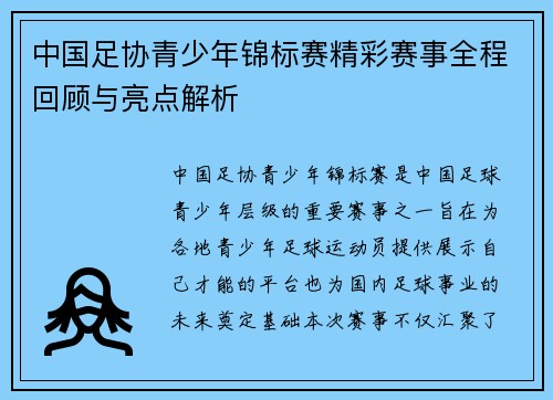 中国足协青少年锦标赛精彩赛事全程回顾与亮点解析