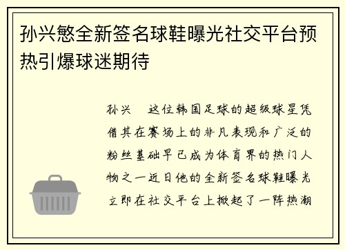 孙兴慜全新签名球鞋曝光社交平台预热引爆球迷期待