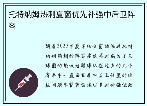 托特纳姆热刺夏窗优先补强中后卫阵容